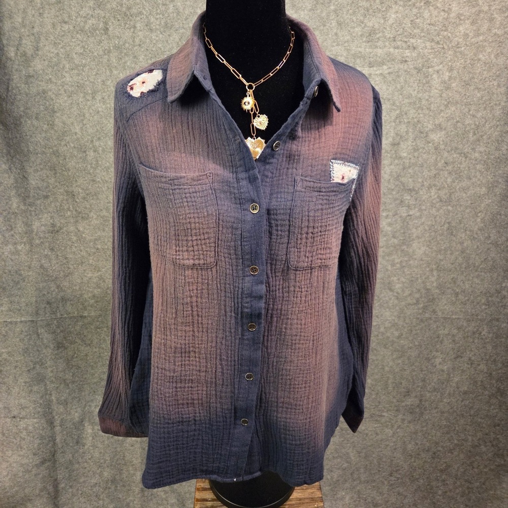 Mystree Sz M Double Gauze Cotton Acid Wash Distressed Button Down Purple/Blue